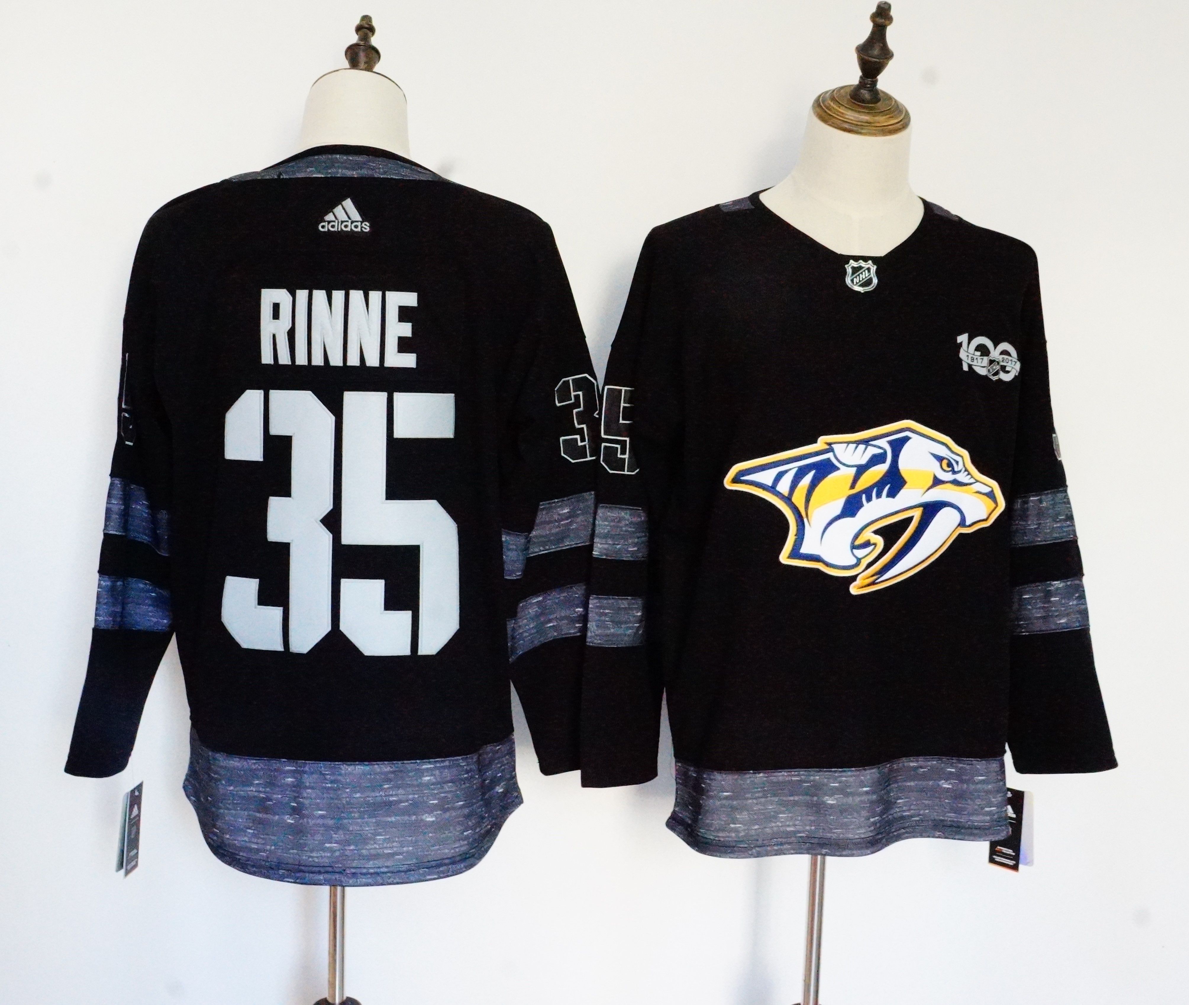 Men Nashville Predators 35 Rinne Black 100th Anniversary Stitched Adidas NHL Jerseys